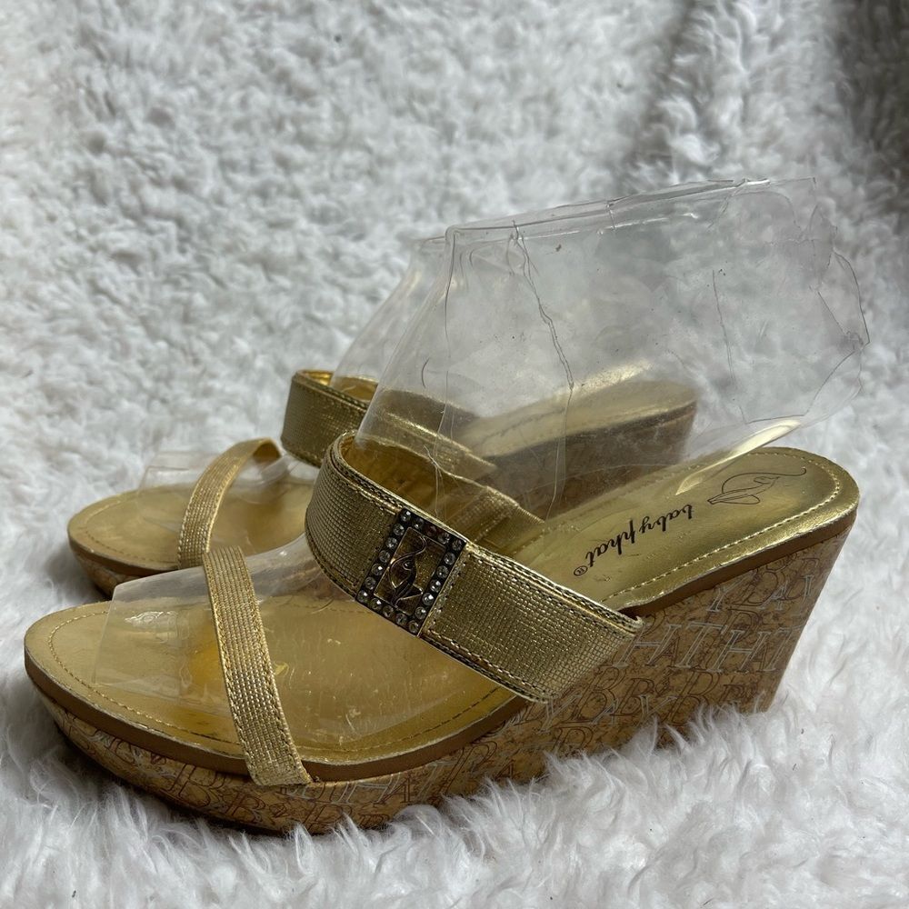 Baby phat gold platform monogram wedge straps sandals with side logo accent SZ9